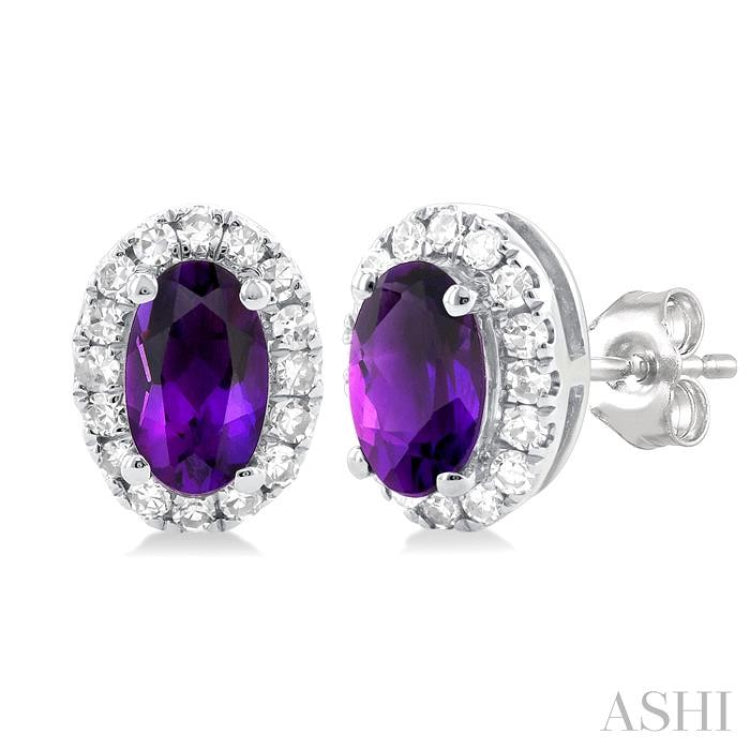 5x3 MM Oval Shape Amethyst and 1/8 Ctw Round Cut Diamond Halo Semi-Precious Stud Earrings in 10K White Gold
