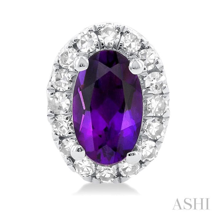 5x3 MM Oval Shape Amethyst and 1/8 Ctw Round Cut Diamond Halo Semi-Precious Stud Earrings in 10K White Gold