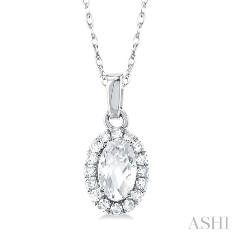 5x3 MM Oval Shape White Topaz and 1/20 Ctw Round Cut Diamond Halo Semi-Precious Pendant with Chain in 14K White Gold