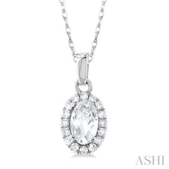 5x3 MM Oval Shape White Topaz and 1/20 Ctw Round Cut Diamond Halo Semi-Precious Pendant with Chain in 14K White Gold
