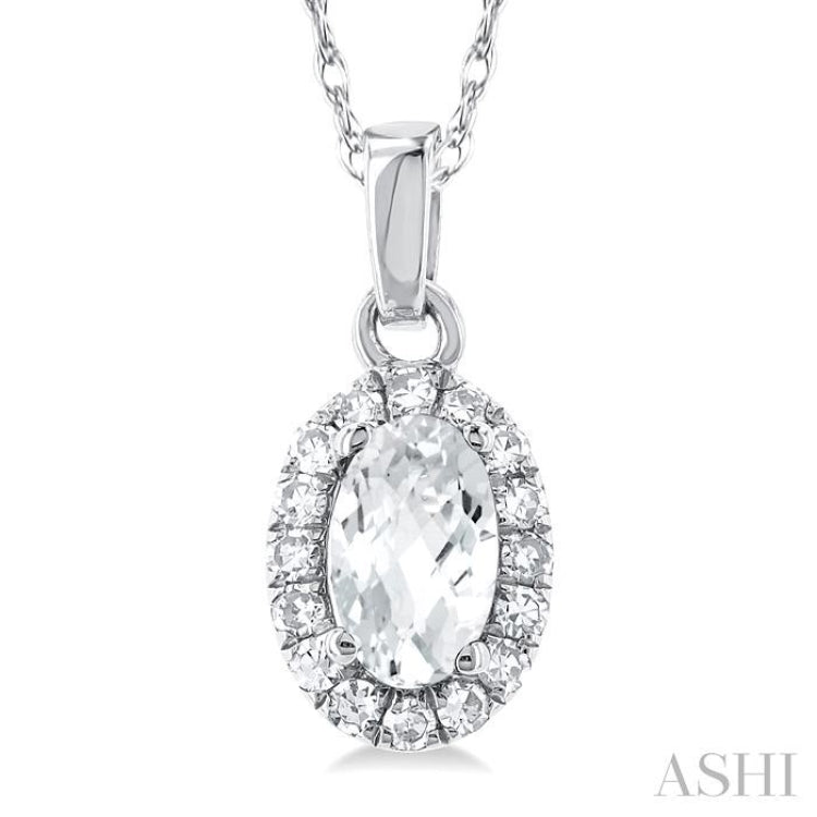 5x3 MM Oval Shape White Topaz and 1/20 Ctw Round Cut Diamond Halo Semi-Precious Pendant with Chain in 14K White Gold