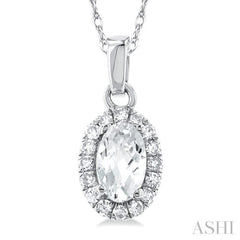 5x3 MM Oval Shape White Topaz and 1/20 Ctw Round Cut Diamond Halo Semi-Precious Pendant with Chain in 14K White Gold