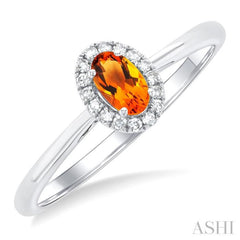 5x3 MM Oval Shape Citrine and 1/20 Ctw Round Cut Diamond Halo Semi-Precious Ring in 10K White Gold