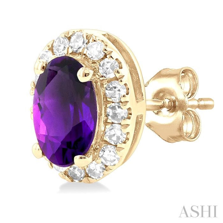 5x3 MM Oval Shape Amethyst and 1/8 Ctw Round Cut Diamond Halo Semi-Precious Stud Earrings in 10K Yellow Gold