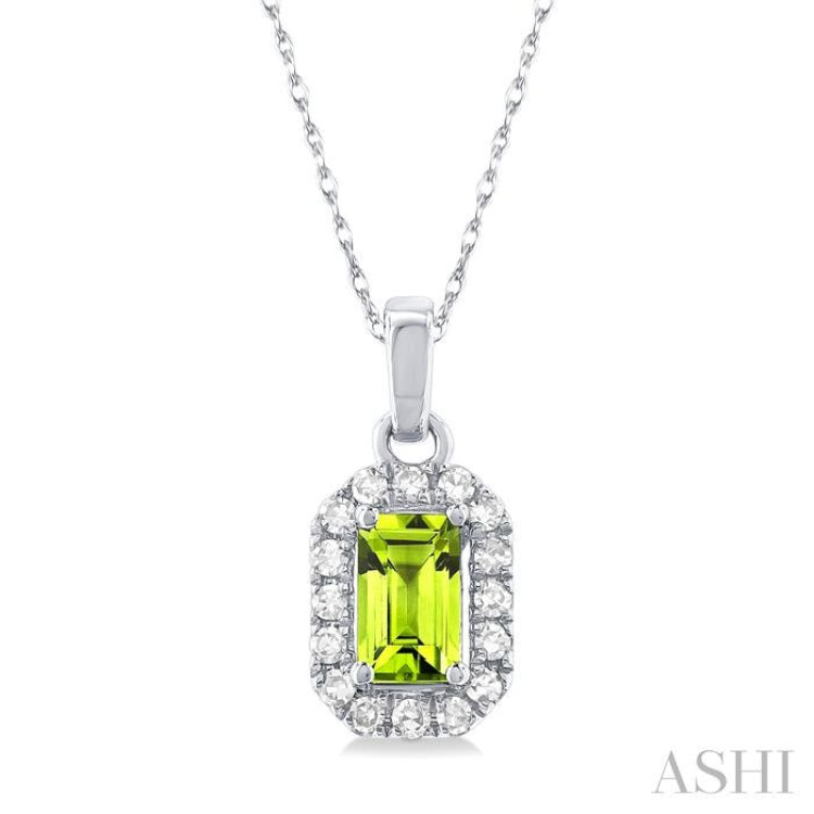 5x3 MM Octagonal Shape Peridot and 1/20 Ctw Single Cut Diamond Halo Semi-Precious Pendant with Chain in 10K White Gold