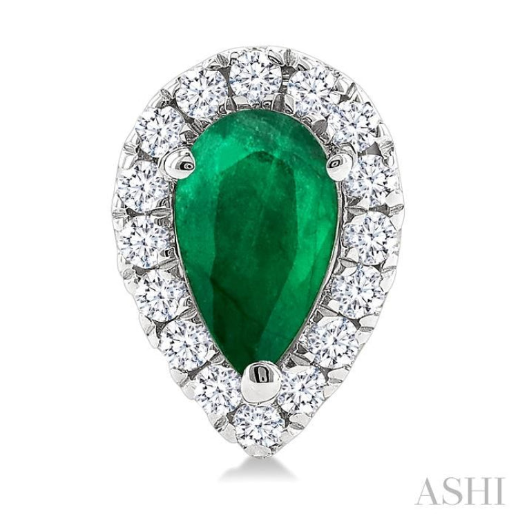 5x3 MM Pear Shape Emerald and 1/8 Ctw Round Cut Diamond Halo Precious Stud Earrings in 10K White Gold
