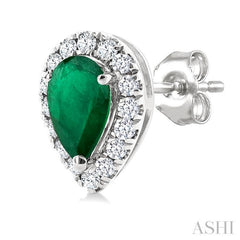 5x3 MM Pear Shape Emerald and 1/8 Ctw Round Cut Diamond Halo Precious Stud Earrings in 10K White Gold
