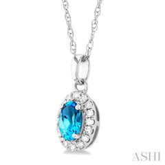 5x3 MM Oval Shape Blue Topaz and 1/20 Ctw Round Cut Diamond Halo Semi-Precious Pendant with Chain in 14K White Gold