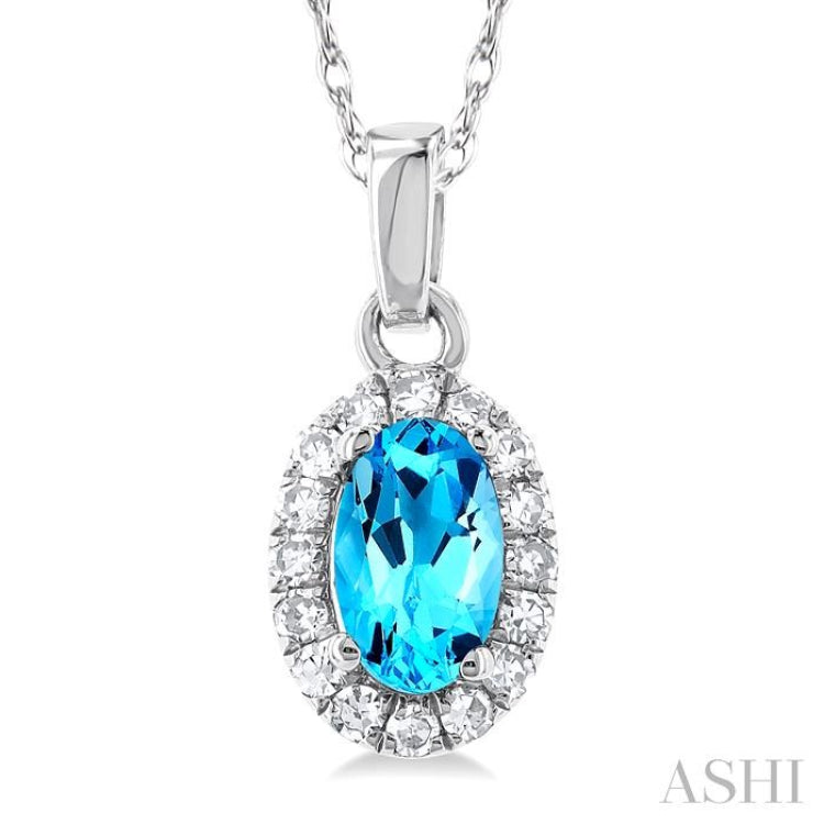 5x3 MM Oval Shape Blue Topaz and 1/20 Ctw Round Cut Diamond Halo Semi-Precious Pendant with Chain in 14K White Gold