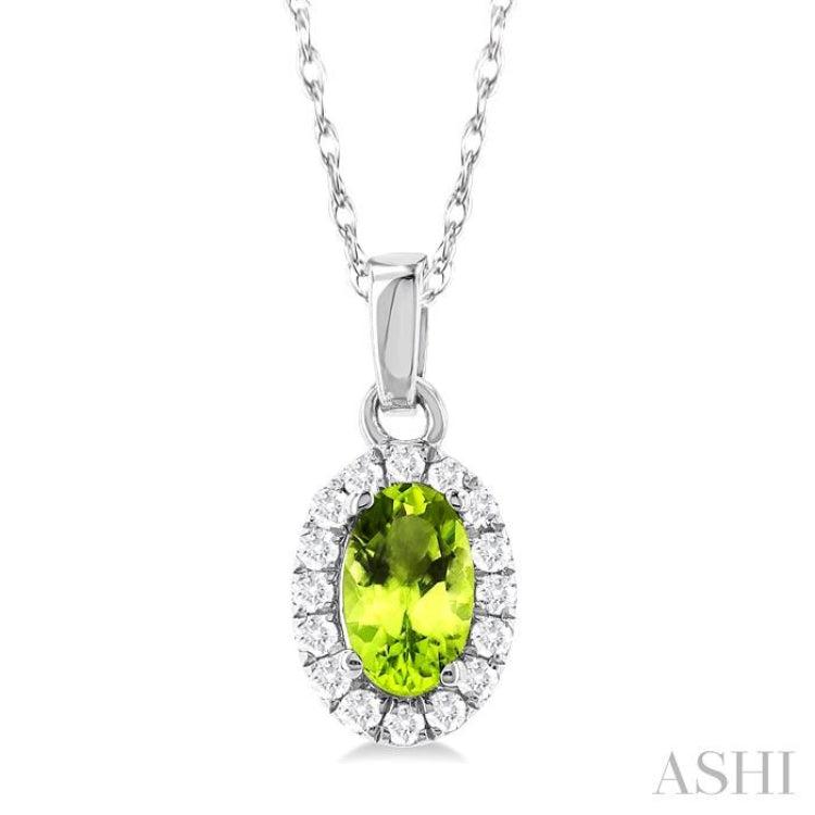 5x3 MM Oval Shape Peridot and 1/20 Ctw Round Cut Diamond Halo Semi-Precious Pendant with Chain in 10K White Gold