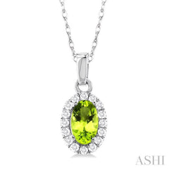 5x3 MM Oval Shape Peridot and 1/20 Ctw Round Cut Diamond Halo Semi-Precious Pendant with Chain in 10K White Gold