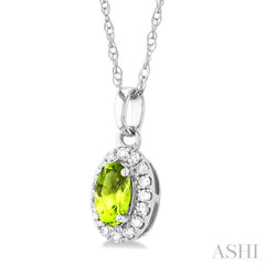 5x3 MM Oval Shape Peridot and 1/20 Ctw Round Cut Diamond Halo Semi-Precious Pendant with Chain in 10K White Gold