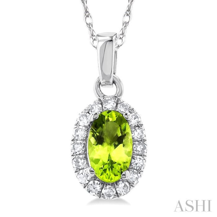 5x3 MM Oval Shape Peridot and 1/20 Ctw Round Cut Diamond Halo Semi-Precious Pendant with Chain in 10K White Gold