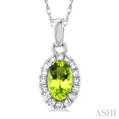 5x3 MM Oval Shape Peridot and 1/20 Ctw Round Cut Diamond Halo Semi-Precious Pendant with Chain in 10K White Gold