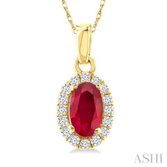 5x3 MM Oval Shape Ruby and 1/20 Ctw Round Cut Diamond Halo Precious Pendant with Chain in 14K Yellow Gold