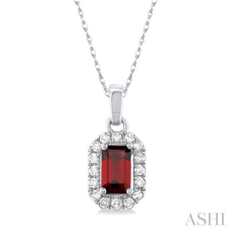5x3 MM Octagonal Shape Garnet and 1/20 Ctw Round Cut Diamond Halo Semi-Precious Pendant with Chain in 10K White Gold