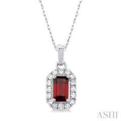 5x3 MM Octagonal Shape Garnet and 1/20 Ctw Round Cut Diamond Halo Semi-Precious Pendant with Chain in 10K White Gold