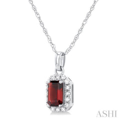 5x3 MM Octagonal Shape Garnet and 1/20 Ctw Round Cut Diamond Halo Semi-Precious Pendant with Chain in 10K White Gold