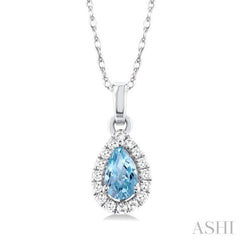 5x3 MM Pear Shape Aquamarine and 1/20 Ctw Round Cut Diamond Halo Semi-Precious Pendant with Chain in 10K White Gold