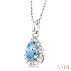 5x3 MM Pear Shape Aquamarine and 1/20 Ctw Round Cut Diamond Halo Semi-Precious Pendant with Chain in 10K White Gold