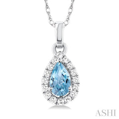5x3 MM Pear Shape Aquamarine and 1/20 Ctw Round Cut Diamond Halo Semi-Precious Pendant with Chain in 10K White Gold