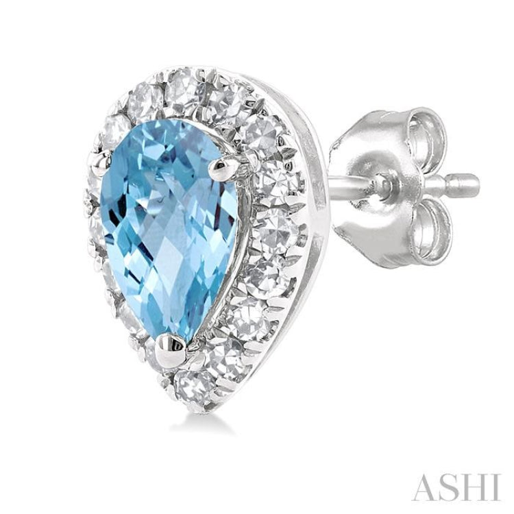 5x3 MM Pear Shape Aquamarine and 1/8 Ctw Round Cut Diamond Halo Semi-Precious Stud Earrings in 10K White Gold