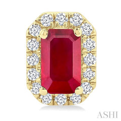 5x3 MM Octagonal Shape Ruby and 1/8 Ctw Round Cut Diamond Halo Precious Stud Earrings in 10K Yellow Gold