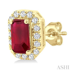 5x3 MM Octagonal Shape Ruby and 1/8 Ctw Round Cut Diamond Halo Precious Stud Earrings in 10K Yellow Gold