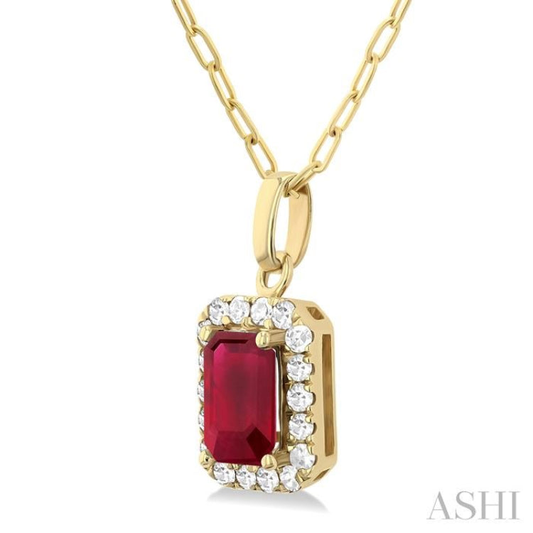 6x4 MM Octagonal Shape Ruby and 1/6 Ctw Round Cut Diamond Halo Precious Pendant with Chain in 10K Yellow Gold