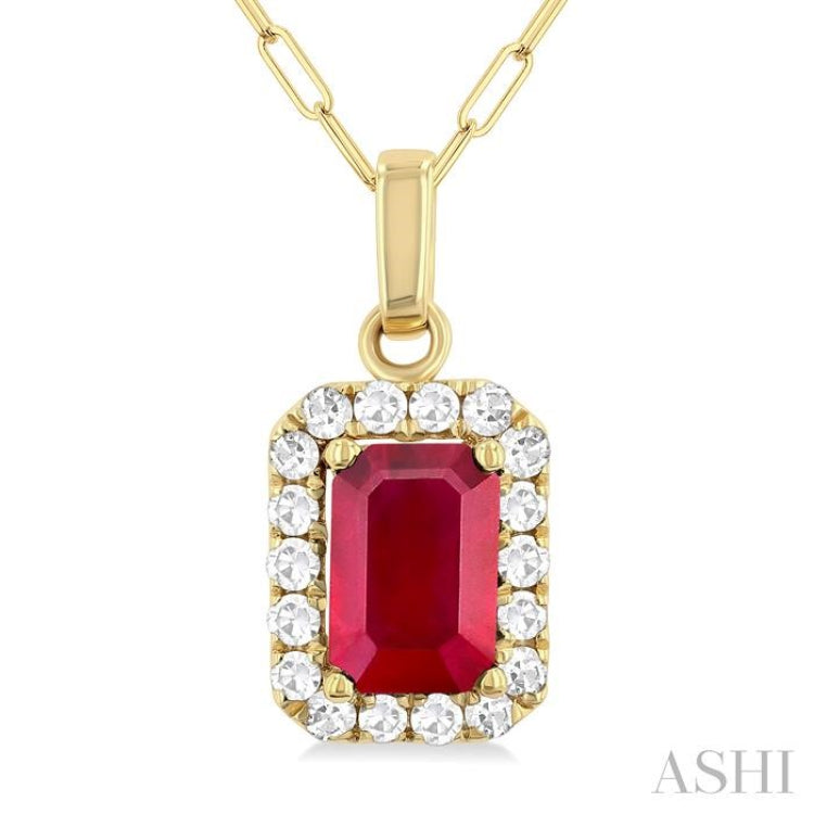 6x4 MM Octagonal Shape Ruby and 1/6 Ctw Round Cut Diamond Halo Precious Pendant with Chain in 10K Yellow Gold