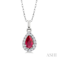 5x3 MM Pear Shape Ruby and 1/20 Ctw Single Cut Diamond Halo Precious Pendant with Chain in 14K White Gold