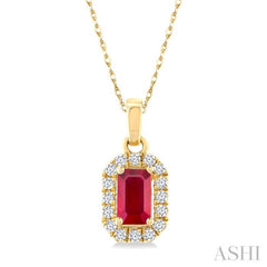5x3 MM Octagonal Shape Ruby and 1/20 Ctw Round Cut Diamond Halo Precious Pendant with Chain in 10K Yellow Gold