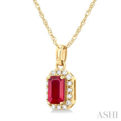 5x3 MM Octagonal Shape Ruby and 1/20 Ctw Round Cut Diamond Halo Precious Pendant with Chain in 10K Yellow Gold
