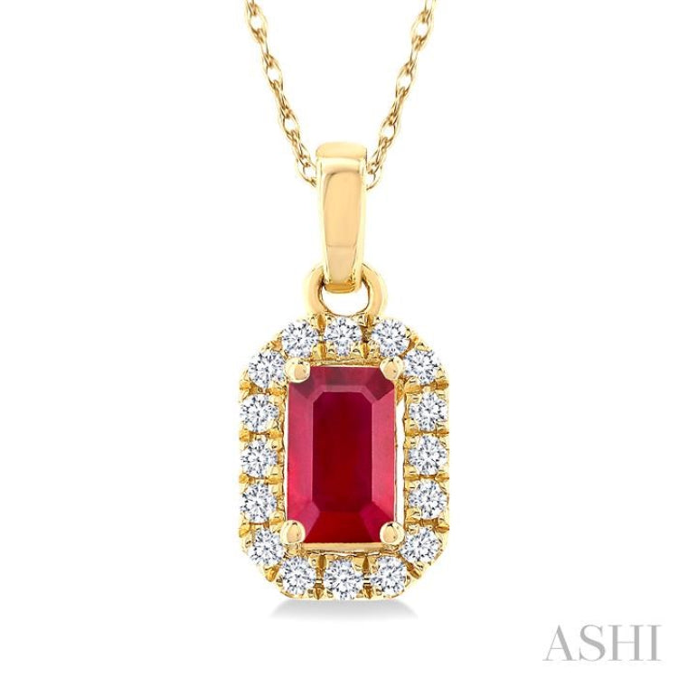 5x3 MM Octagonal Shape Ruby and 1/20 Ctw Round Cut Diamond Halo Precious Pendant with Chain in 10K Yellow Gold