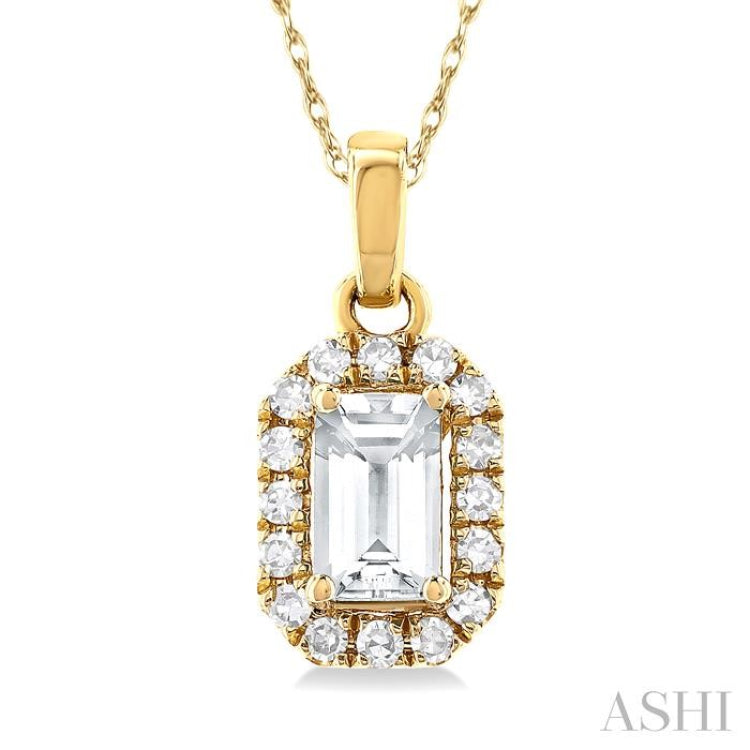 5x3 MM Octagonal Shape White Topaz and 1/20 Ctw Single Cut Diamond Halo Semi-Precious Pendant with Chain in 14K Yellow Gold