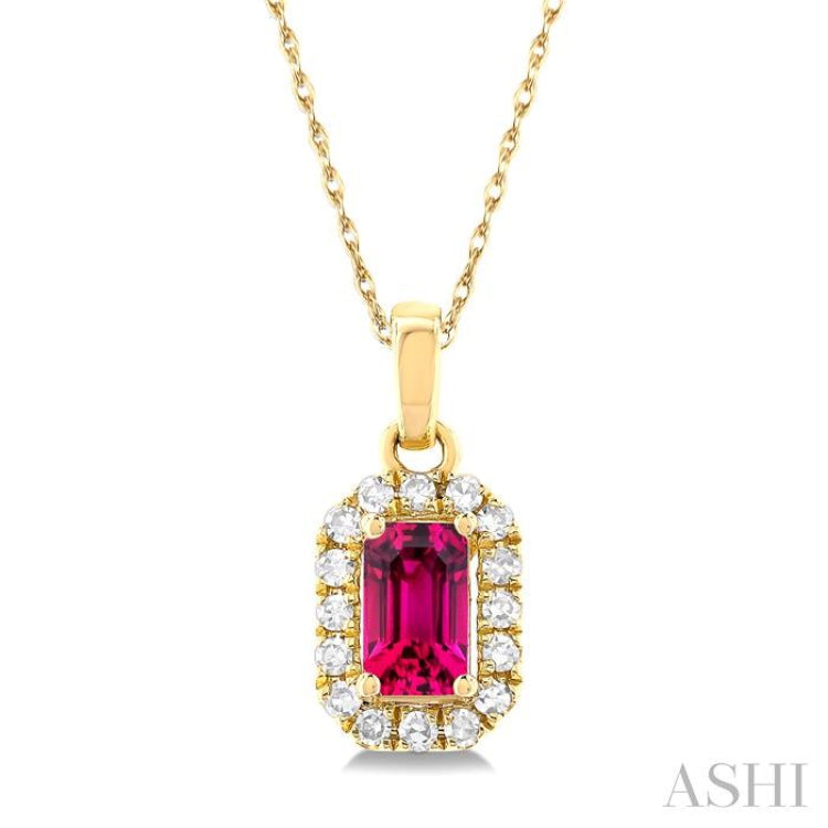 5x3 MM Octagonal Shape Pink Tourmaline and 1/20 Ctw Single Cut Diamond Halo Semi-Precious Pendant with Chain in 14K Yellow Gold