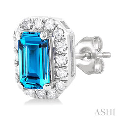 5x3 MM Octagonal Shape Blue Topaz and 1/8 Ctw Single Cut Diamond Halo Semi-Precious Stud Earrings in 10K White Gold
