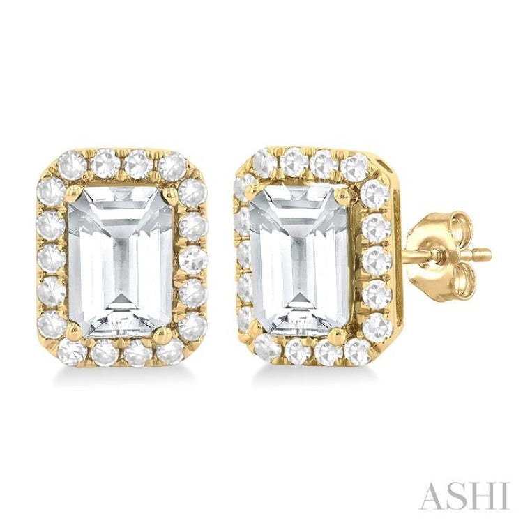 6x4 MM Octagonal Shape White Topaz and 1/4 Ctw Round Cut Diamond Halo Semi-Precious Stud Earrings in 10K Yellow Gold