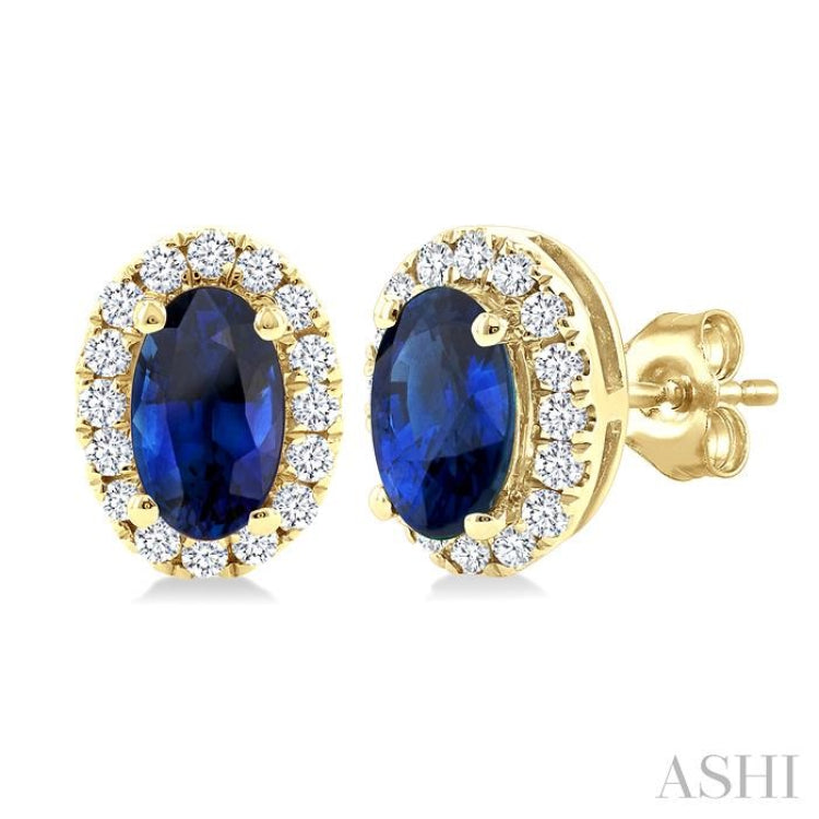 5x3 MM Oval Shape Sapphire and 1/8 Ctw Single Cut Diamond Halo Precious Stud Earrings in 10K Yellow Gold