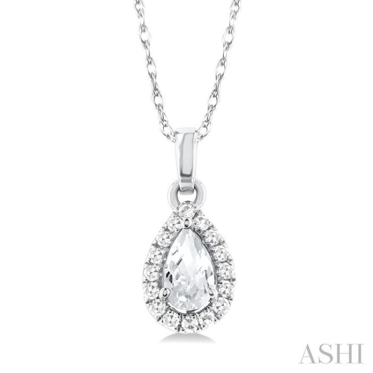 5x3 MM Pear Shape White Topaz and 1/20 Ctw Round Cut Diamond Halo Semi-Precious Pendant with Chain in 10K White Gold