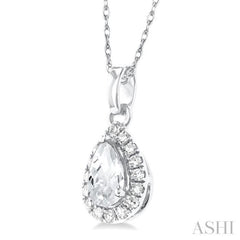 5x3 MM Pear Shape White Topaz and 1/20 Ctw Round Cut Diamond Halo Semi-Precious Pendant with Chain in 10K White Gold