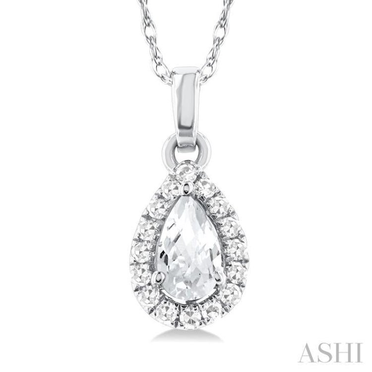 5x3 MM Pear Shape White Topaz and 1/20 Ctw Round Cut Diamond Halo Semi-Precious Pendant with Chain in 10K White Gold