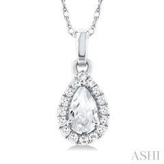 5x3 MM Pear Shape White Topaz and 1/20 Ctw Round Cut Diamond Halo Semi-Precious Pendant with Chain in 10K White Gold