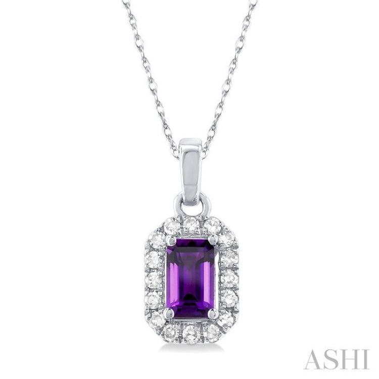 5x3 MM Octagonal Shape Amethyst and 1/20 Ctw Round Cut Diamond Halo Semi-Precious Pendant with Chain in 10K White Gold