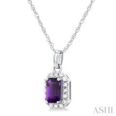 5x3 MM Octagonal Shape Amethyst and 1/20 Ctw Round Cut Diamond Halo Semi-Precious Pendant with Chain in 10K White Gold