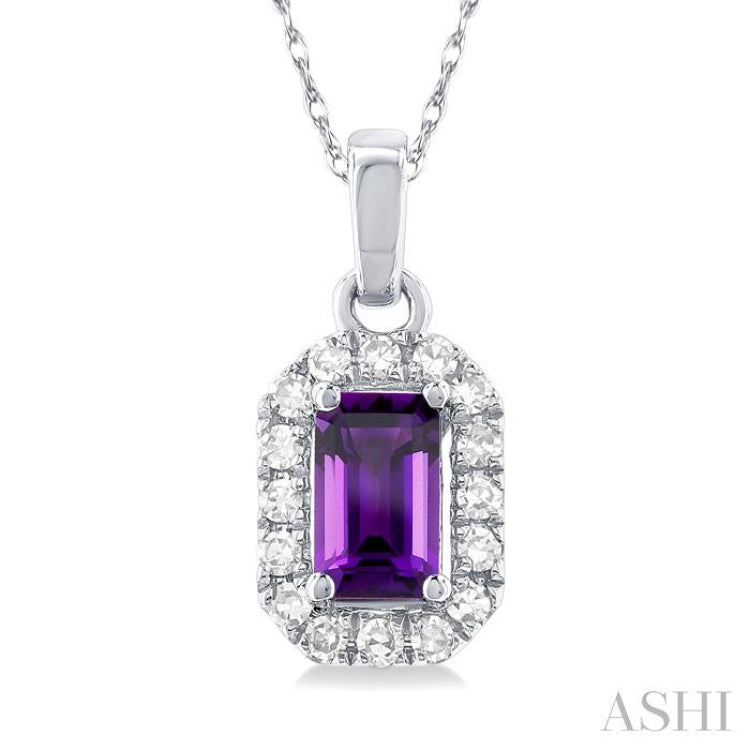 5x3 MM Octagonal Shape Amethyst and 1/20 Ctw Round Cut Diamond Halo Semi-Precious Pendant with Chain in 10K White Gold