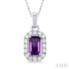 5x3 MM Octagonal Shape Amethyst and 1/20 Ctw Round Cut Diamond Halo Semi-Precious Pendant with Chain in 10K White Gold