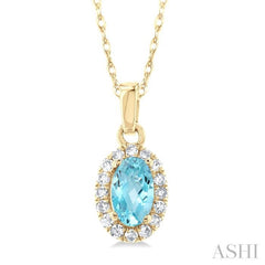 5x3 MM Oval Shape Aquamarine and 1/20 Ctw Round Cut Diamond Halo Semi-Precious Pendant with Chain in 10K Yellow Gold