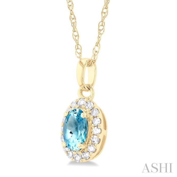 5x3 MM Oval Shape Aquamarine and 1/20 Ctw Round Cut Diamond Halo Semi-Precious Pendant with Chain in 10K Yellow Gold