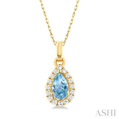 5x3 MM Pear Shape Aquamarine and 1/20 Ctw Round Cut Diamond Halo Semi-Precious Pendant with Chain in 10K Yellow Gold